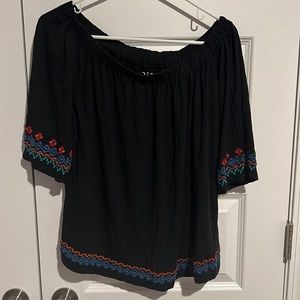EUC off shoulder black with embroidered hem/sleeves